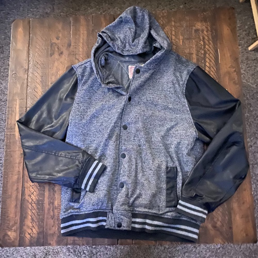 Grey and Black Melange Faux Leather Button Up Jacket with Hood!! Size XL